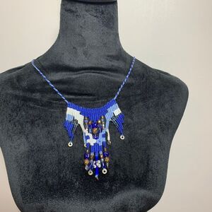 VTG Tapestry Hand Woven Bib necklace with charms blue boho ethnic jewelry